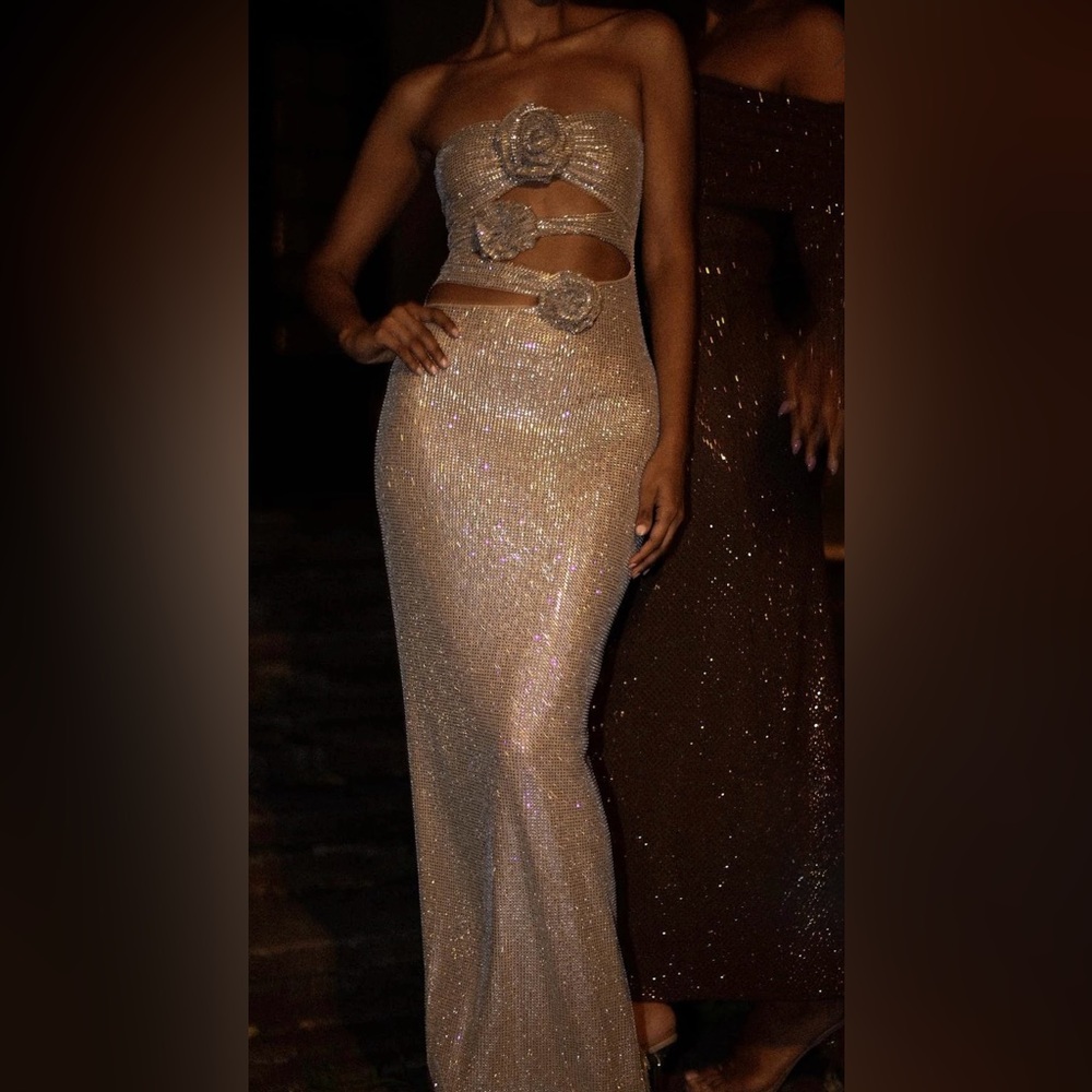 Meshki Strapless Diamanté Maxi Dress-Nude Size XS